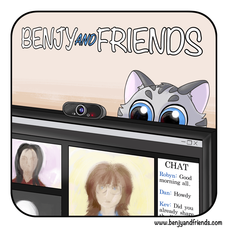 Wholesome web comic. Benjy kitten looks over a computer screen.