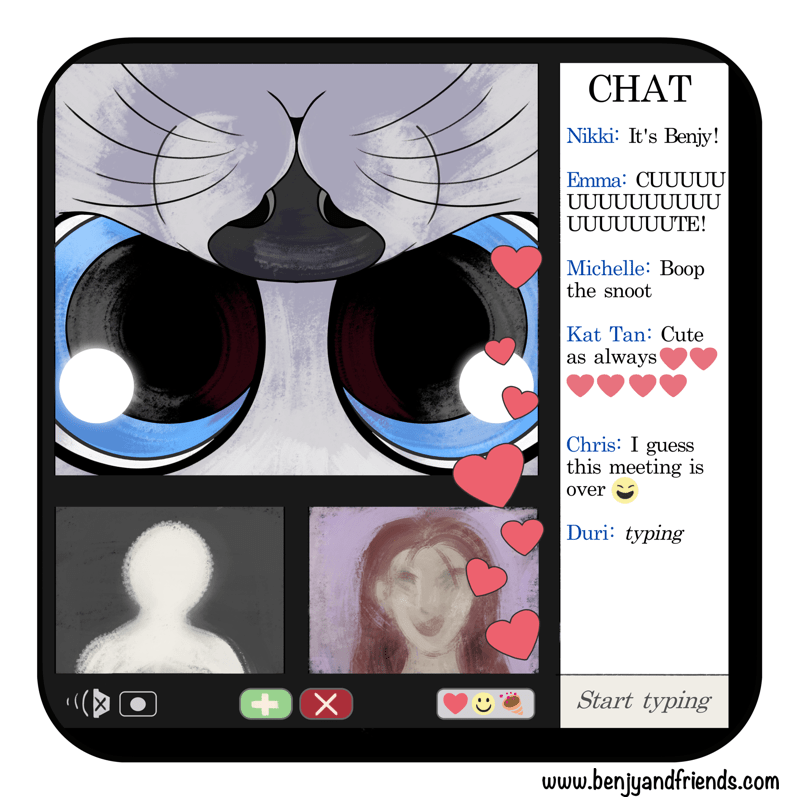 Wholesome web comic. Benjy kitten has taken over the meeting, everyone is thrilled to see a kitten on the camera.